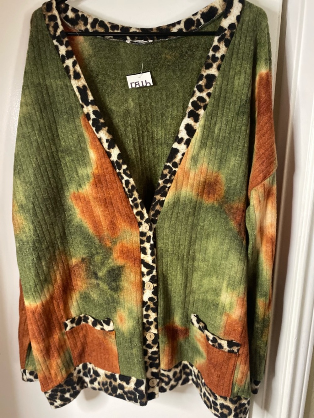 Chic Soul Olive Green and Burnt Orange Tie-Dye Cardigan with Leopard Trim